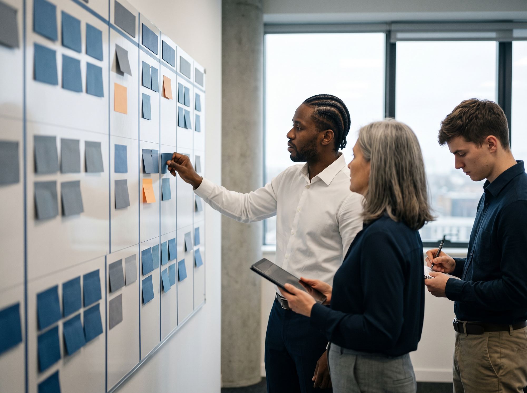 Équipe projet devant un tableau de jalons