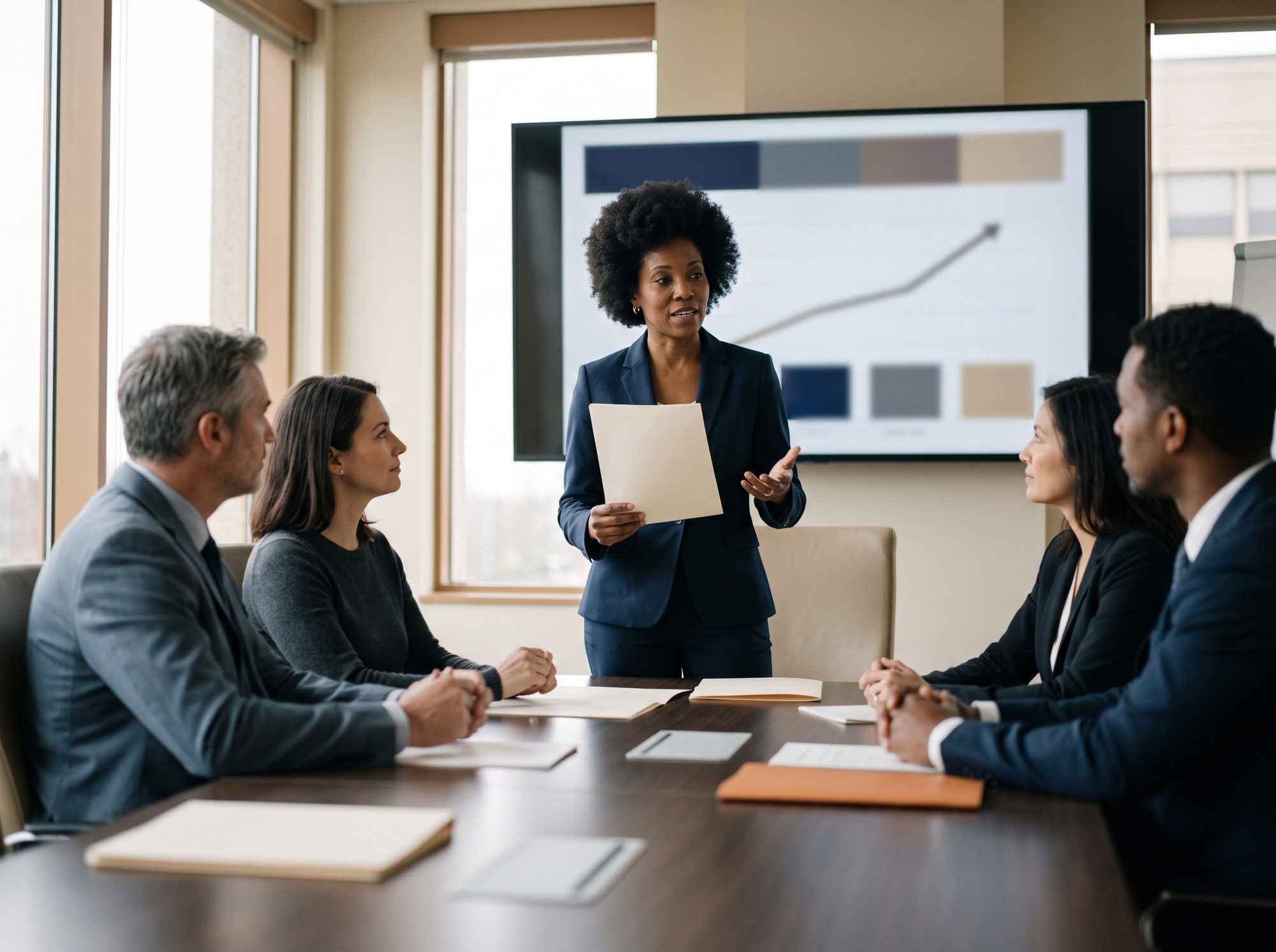 Juriste présentant en comité de direction
